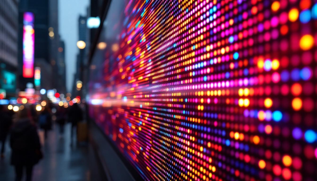 A photograph of a vibrant led display in a bustling urban setting