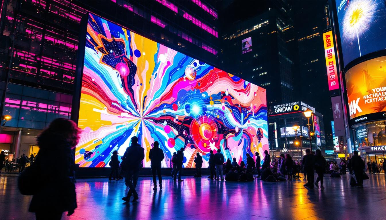 A photograph of a vibrant led display in an urban setting