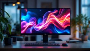 A photograph of a sleek lg touch screen computer monitor displaying vibrant led graphics in a modern workspace setting
