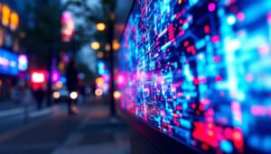 A photograph of a vibrant led display showcasing dynamic visual content in an urban setting