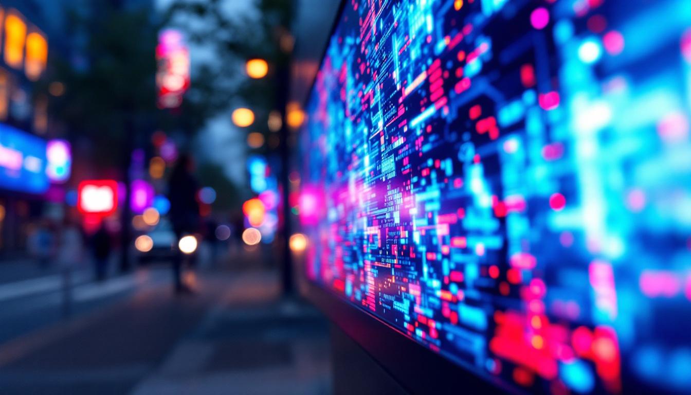 A photograph of a vibrant led display showcasing dynamic visual content in an urban setting