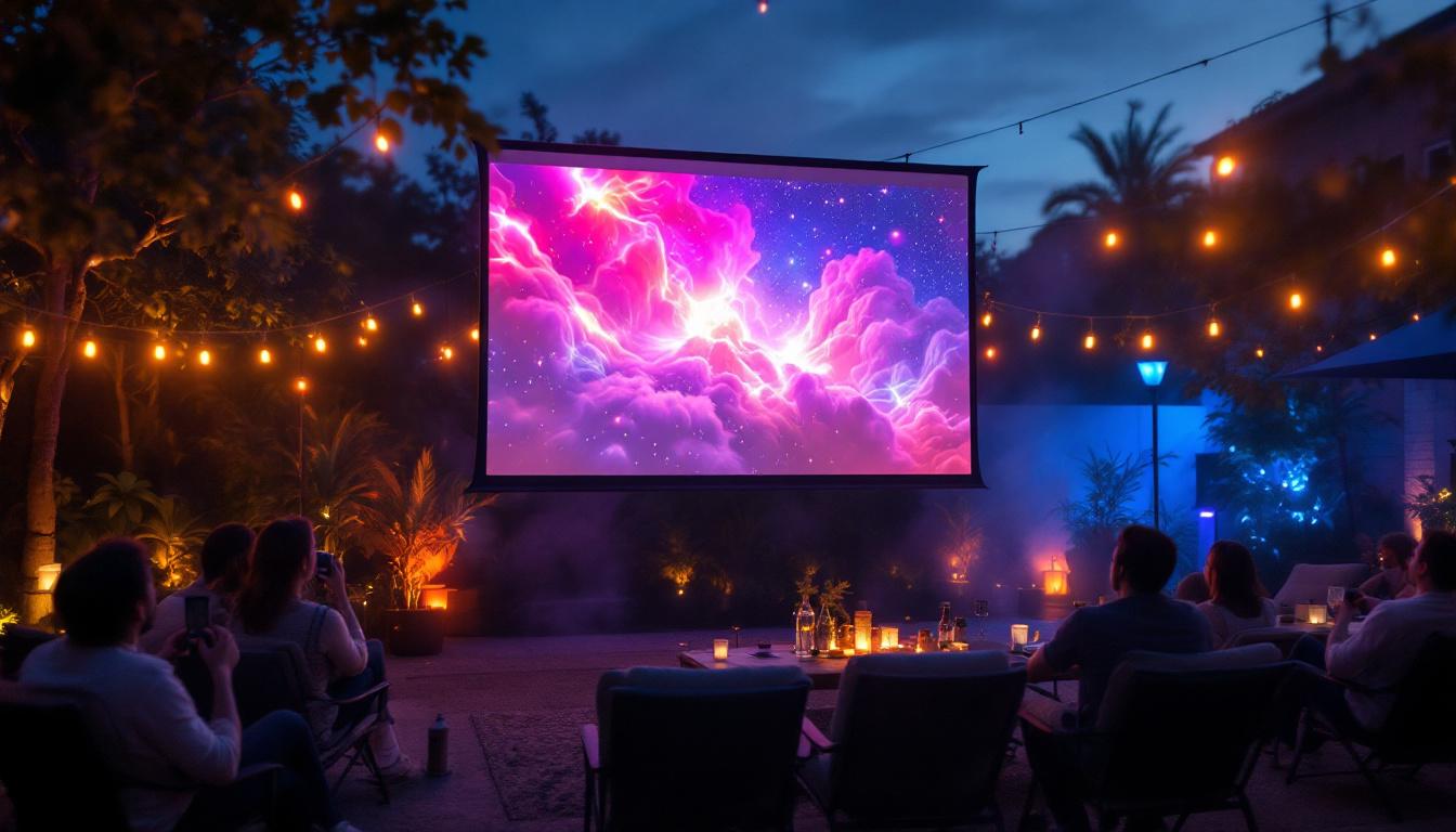 A photograph of a vibrant outdoor setting featuring a large led projector screen displaying a captivating image