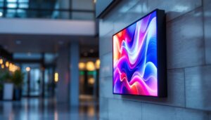 A photograph of a modern led display sign integrated into an architectural setting