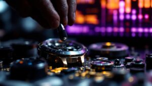 A photograph of a close-up shot of a watch being disassembled
