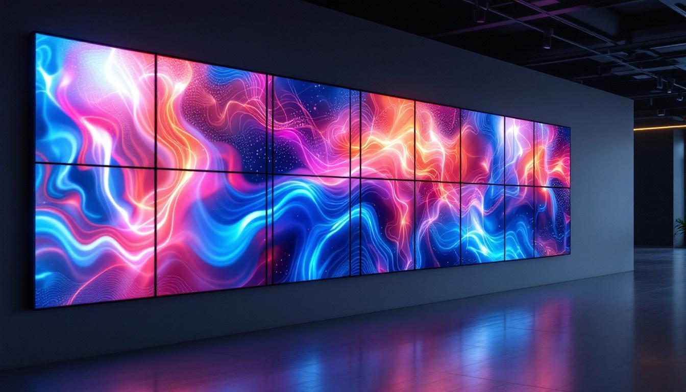 A photograph of a modern interior space featuring a sleek smart panel wall with vibrant led displays
