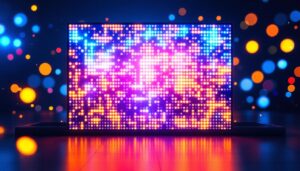 A photograph of a vibrant led display showcasing a dynamic light background in a high-resolution setting