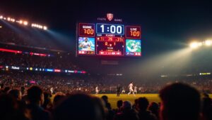 A photograph of a vibrant led scoreboard displaying live game scores