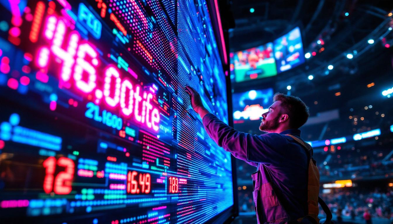 A photograph of a technician installing a vibrant led scoreboard at a sports venue