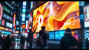 A photograph of capture a photograph of a vibrant led display in a bustling urban setting