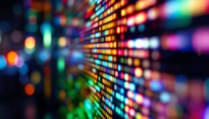 A photograph of a close-up of a vibrant led display showcasing intricate pixel details