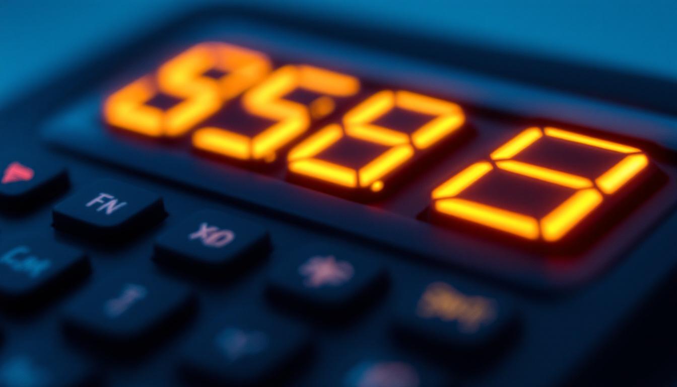 A photograph of a close-up shot of a touch calculator with a vibrant led display