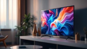 A photograph of a sleek small flat screen led tv displaying vibrant colors and sharp images in a modern living room setting