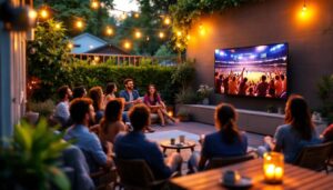 A photograph of a vibrant outdoor setting featuring an led tv mounted in a backyard or patio area