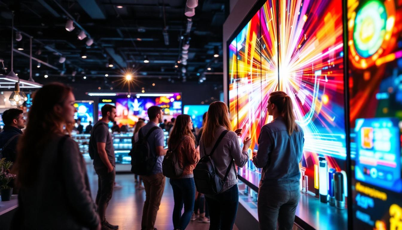 A photograph of a vibrant led display in a well-lit lighting store in plano