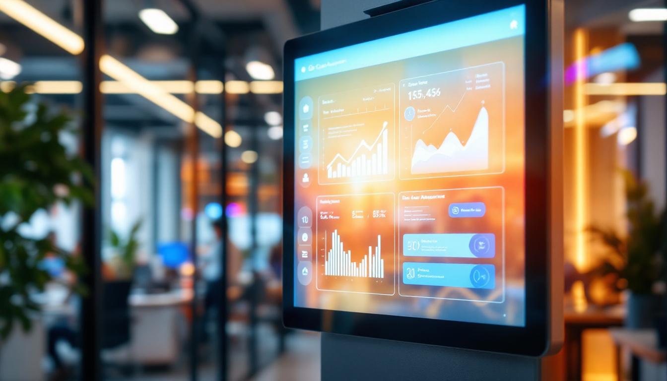 A photograph of a vibrant led display in a modern office setting