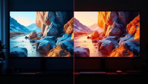 A photograph of a side-by-side comparison of an led display using edge lighting and direct lighting