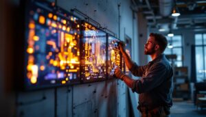 A photograph of a skilled craftsman assembling an interior wall with integrated led displays