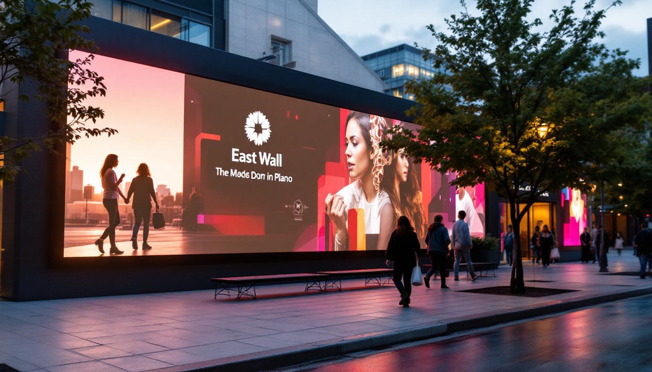 A photograph of capture a photograph of the east wall in plano featuring a vibrant led display