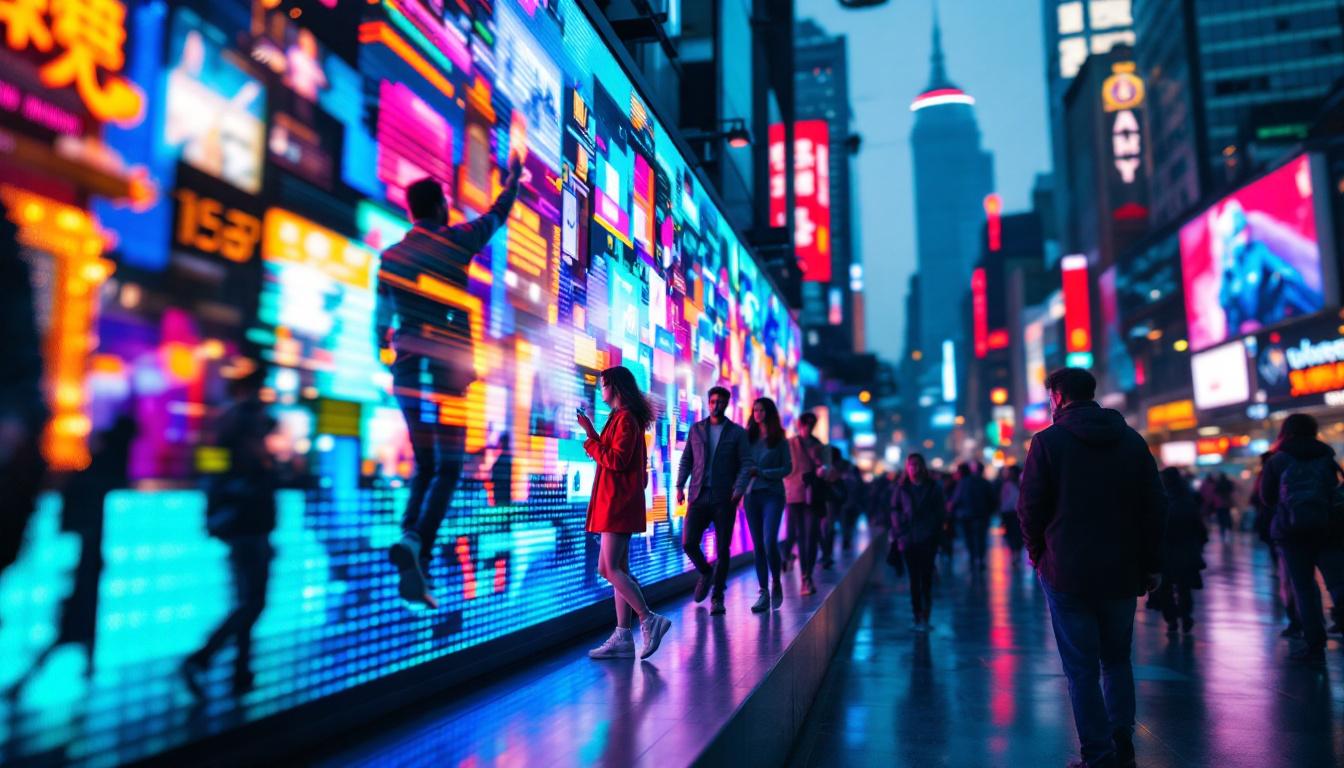 A photograph of a vibrant led display in a dynamic urban setting