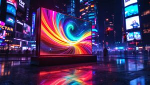 A photograph of a vibrant 2x2 led display in an urban setting