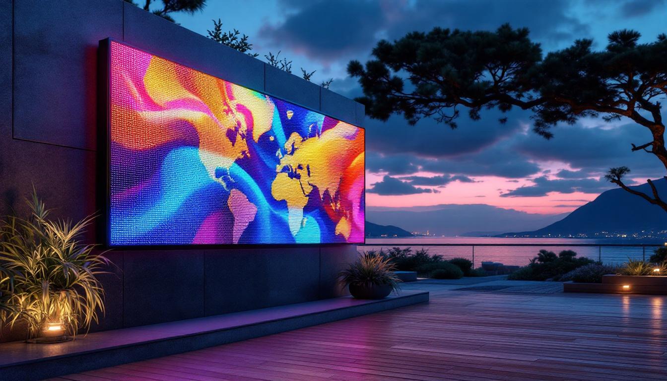 A photograph of a vibrant outdoor wall paneling installation featuring an led display