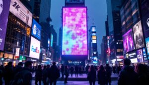 A photograph of a vibrant led display in a bustling urban environment