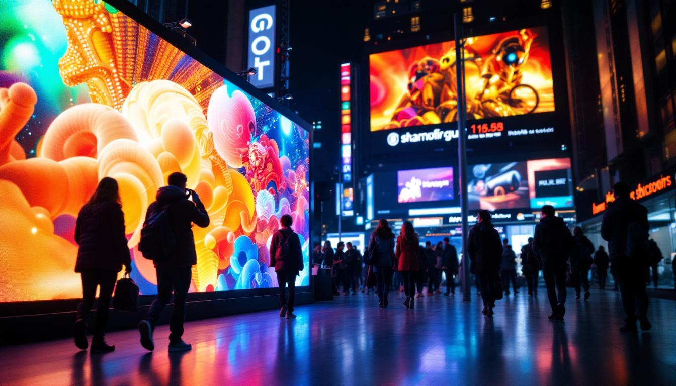 A photograph of a vibrant led display in a dynamic urban setting