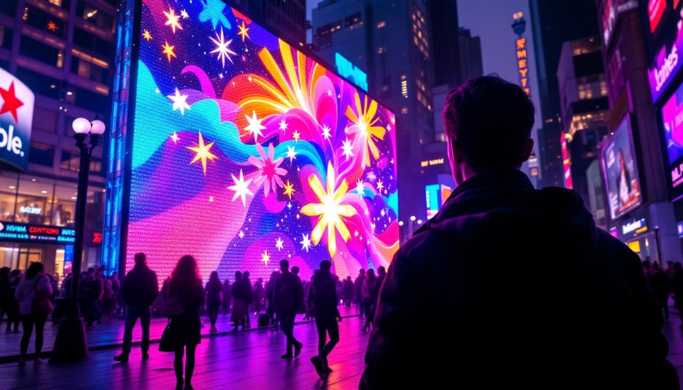 A photograph of a vibrant led display in a bustling urban setting