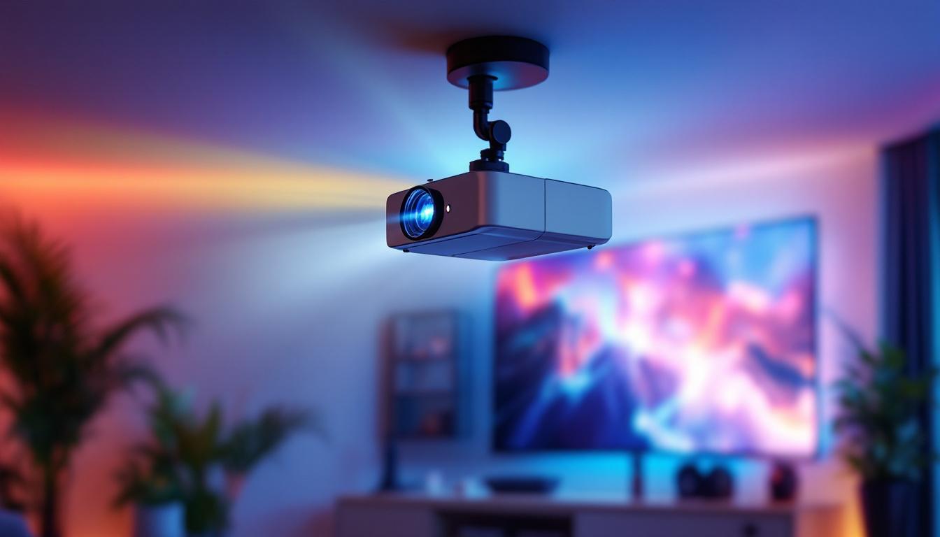 A photograph of a sleek motorized projector mount in action