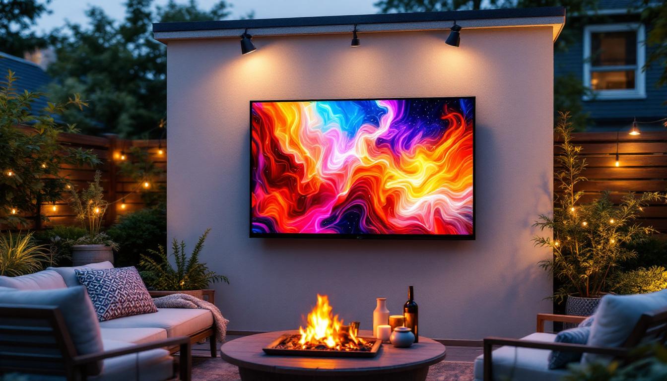 A photograph of a weatherproof outdoor tv mounted in a stylish backyard setting
