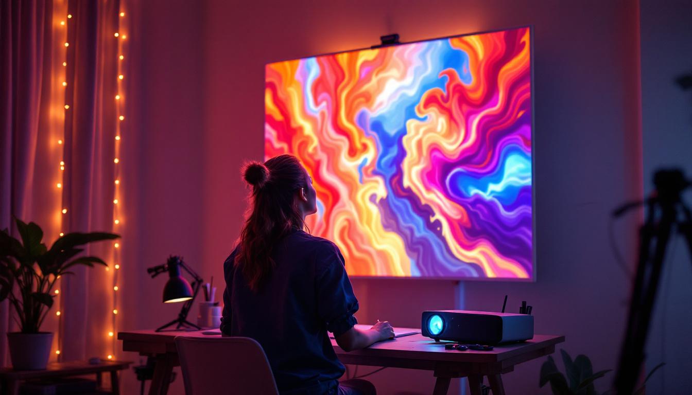A photograph of a digital artist in their studio using an led projector to display vibrant artwork on a canvas