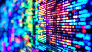 A photograph of a close-up of an led display screen showing vibrant colors and intricate details