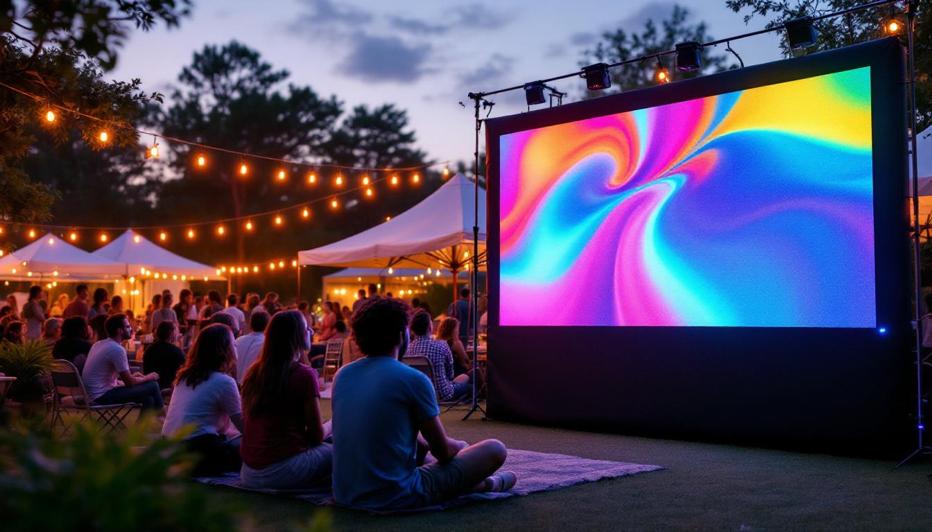 A photograph of capture a photograph of a large portable projector screen set up outdoors