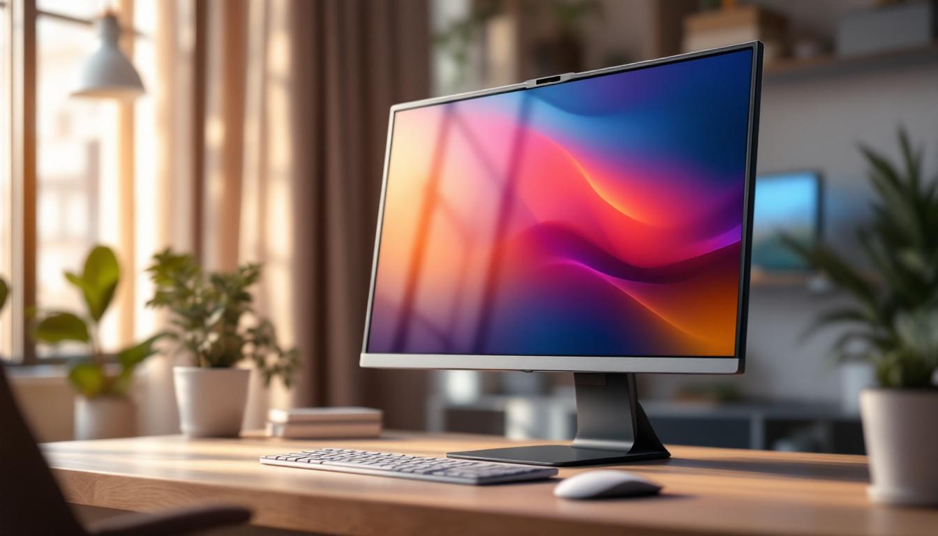 A photograph of a sleek 32-inch led desktop monitor in a modern workspace setting