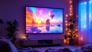 A photograph of a manual projector screen in use