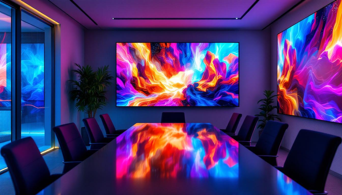 A photograph of capture a photograph of the giant rock meeting room showcasing its impressive led display in action
