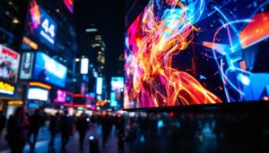 A photograph of a vibrant led display in action