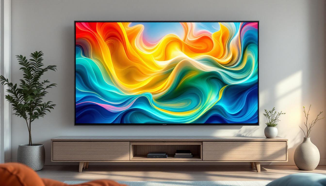 A photograph of a large screen flat panel led tv displaying vibrant colors and high-definition imagery in a stylish living room setting