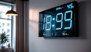 A photograph of a large digital wall clock with a clear led display