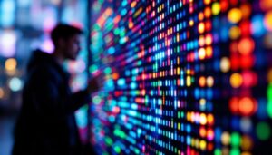 A photograph of a close-up of a vibrant led display showcasing dynamic colors and patterns