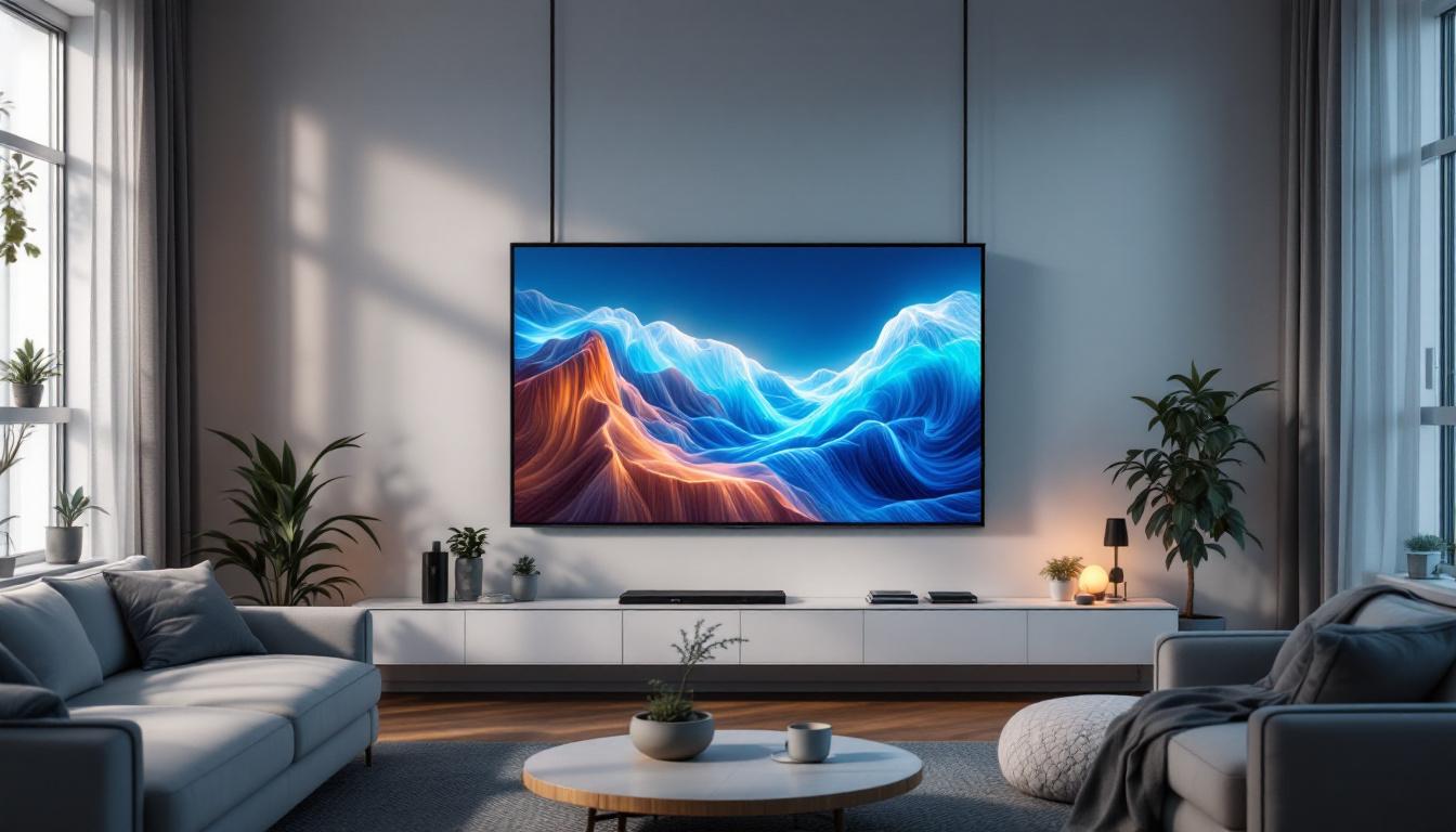 A photograph of a modern home interior featuring a portable wall with an integrated led display