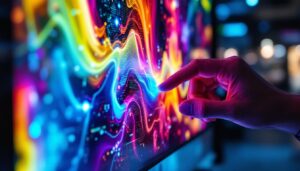 A photograph of a close-up shot of a vibrant touch t-oled display in use