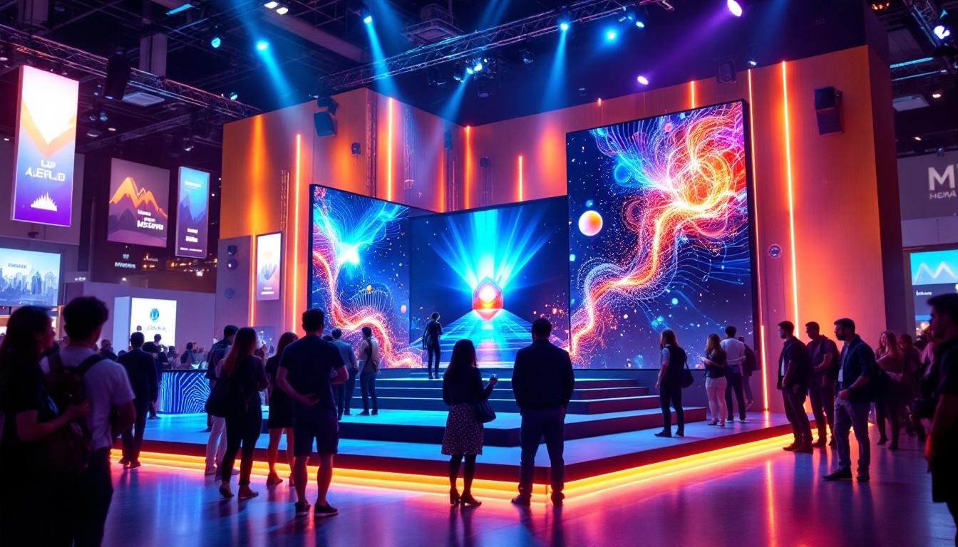 A photograph of a vibrant conference display stand featuring an led display in action