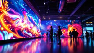 A photograph of a person interacting with a large led display in a public space