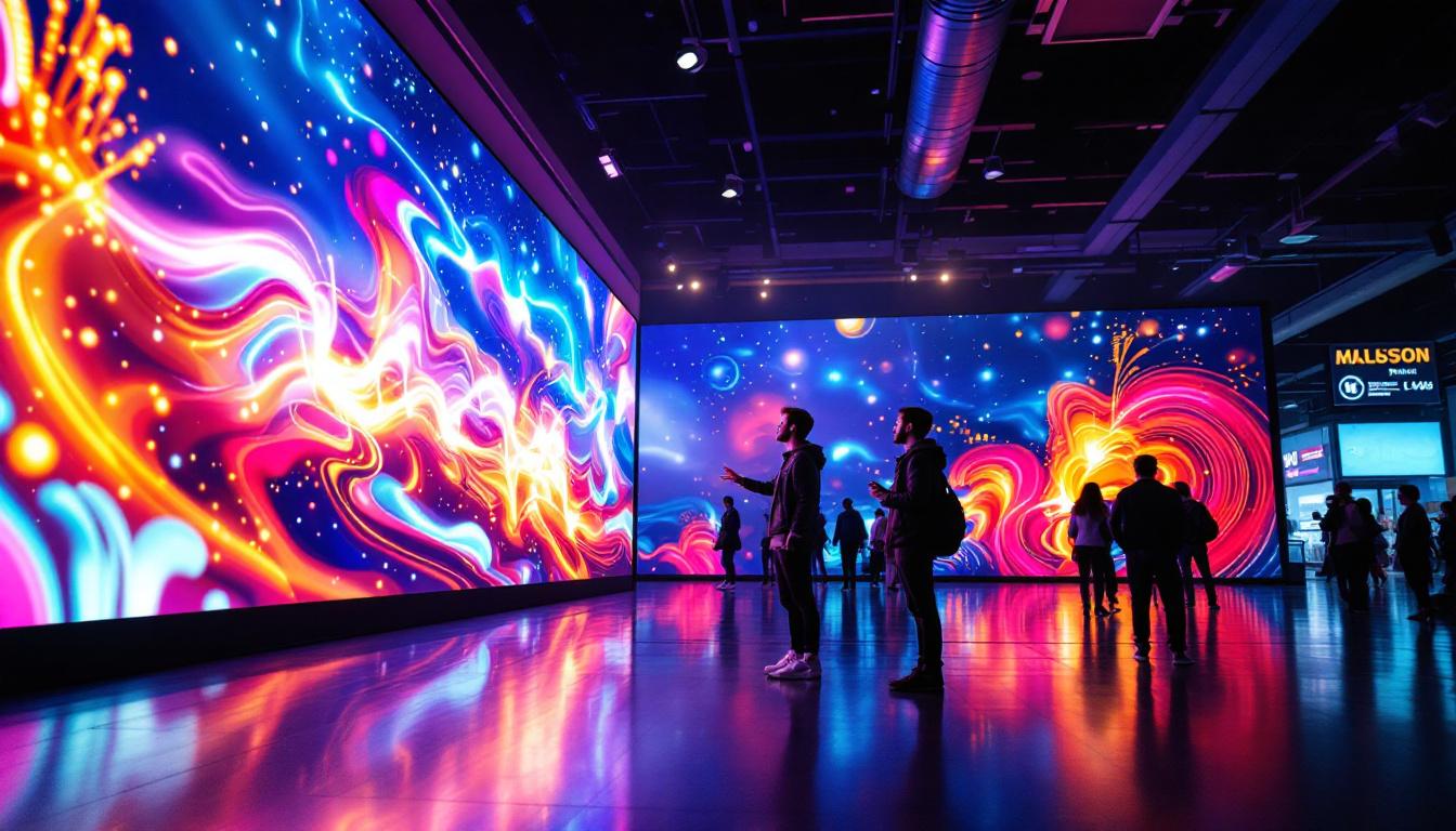 A photograph of a person interacting with a large led display in a public space