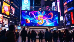 A photograph of a vibrant led digital signage screen in a bustling urban environment