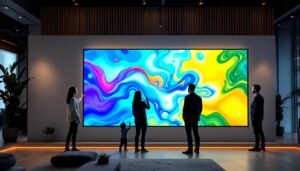 A photograph of a sleek 110-inch interactive led display in a modern setting