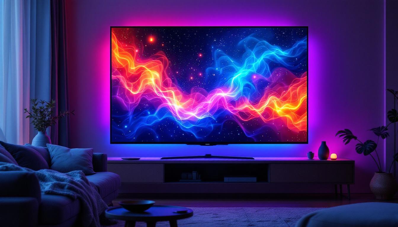 A photograph of a large led tv screen displaying vibrant colors and dynamic visuals in a cozy living room setting