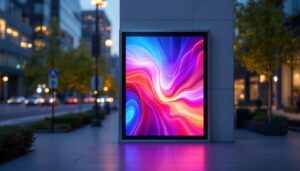 A photograph of a modern privacy panel featuring an led display in an outdoor or urban setting