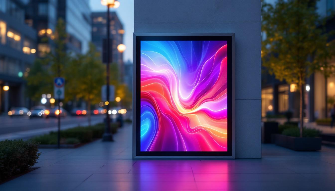 A photograph of a modern privacy panel featuring an led display in an outdoor or urban setting